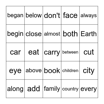 Sight Words Bingo Card