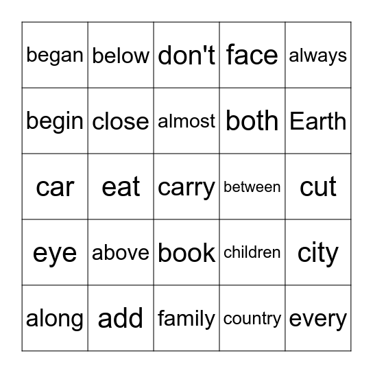 Sight Words Bingo Card