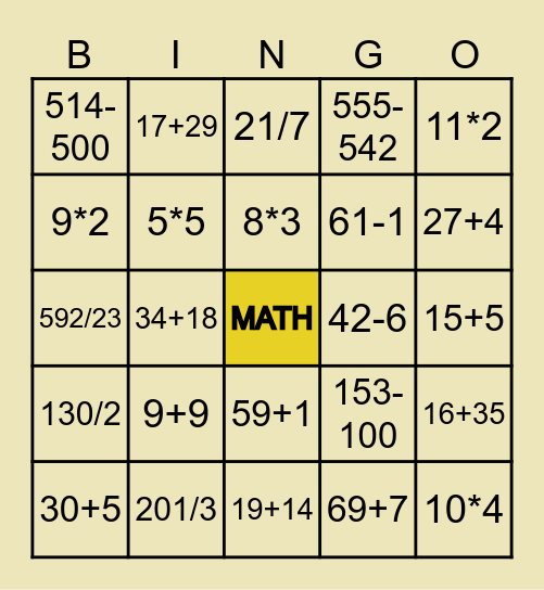 Semana da Matemática Bingo Card