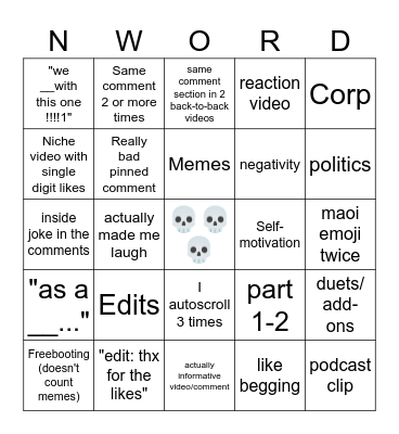 yt shorts bingo (w comment section) Bingo Card