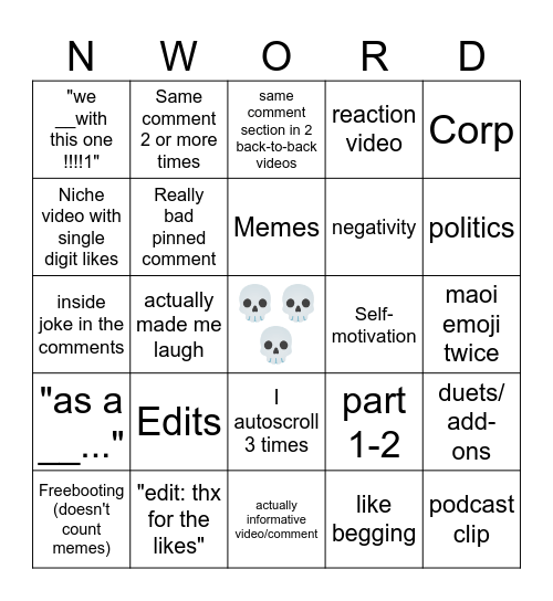 yt shorts bingo (w comment section) Bingo Card