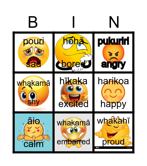 Emotions in te reo Māori Bingo Card