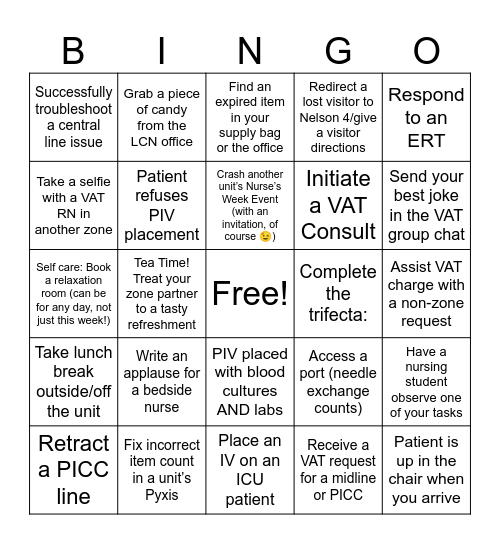 Vascular Access Bingo Card