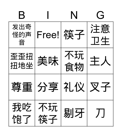 中国人吃饭的礼仪 Bingo Card