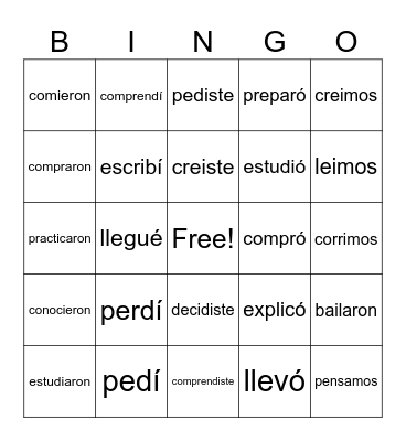Los Verbos Pretéritos (PAST tense verbs) Bingo Card
