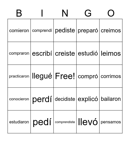 Los Verbos Pretéritos (PAST tense verbs) Bingo Card