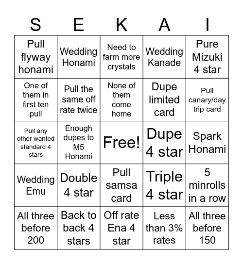 wedding gacha Bingo Card