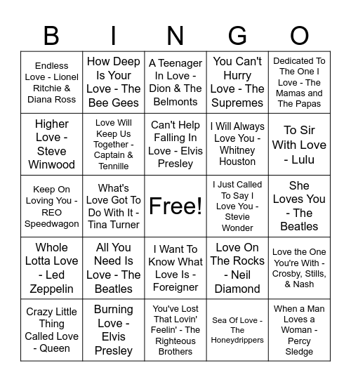 All About Love Bingo Card