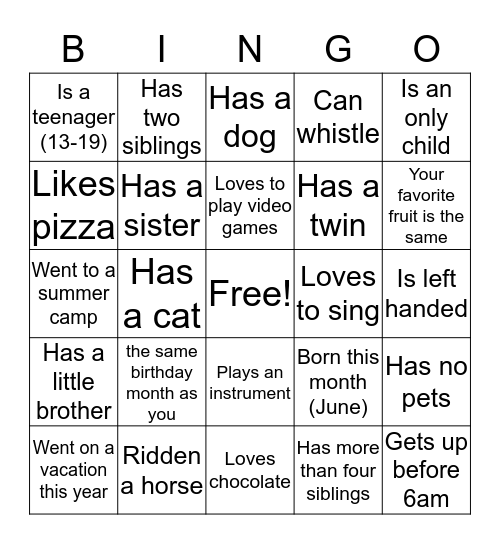 Find the person Bingo Card