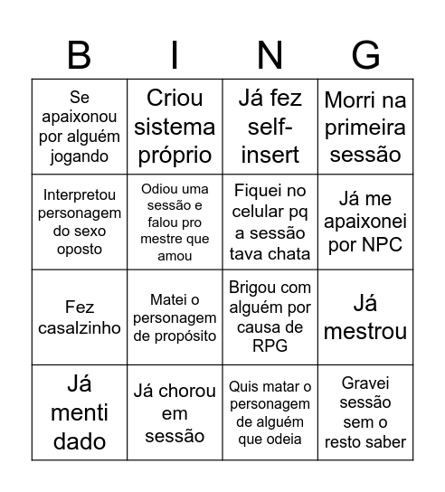 Bingo Jogador de RPG Bingo Card