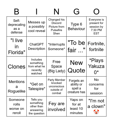 Cloud (Joe) Bingo Card