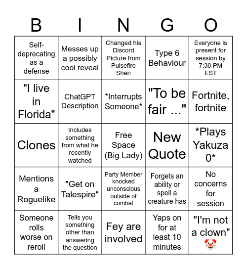 Cloud (Joe) Bingo Card