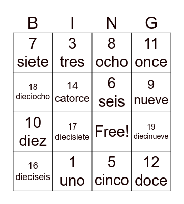 Bingo 1 al 20 Bingo Card