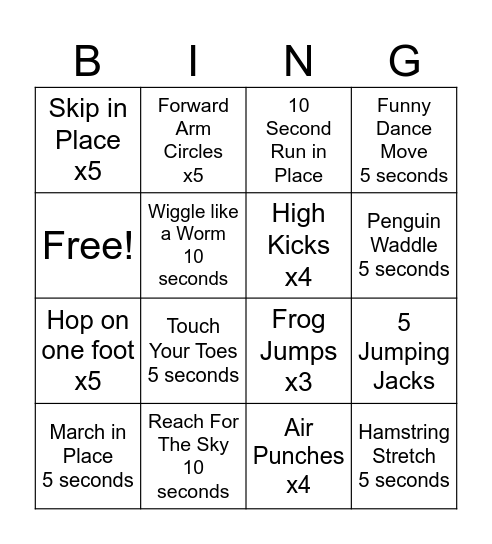 Fitness Bingo Card