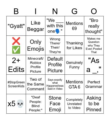YouTube Shorts Comment Bingo Card