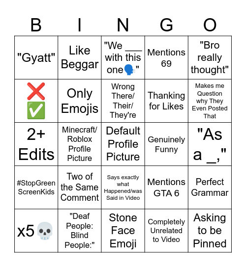 YouTube Shorts Comment Bingo Card