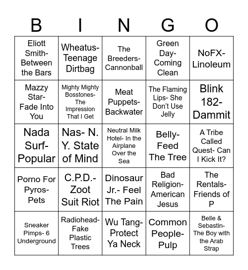 Radio Bingo 90's Cool Kids Mix Tape Bingo Card