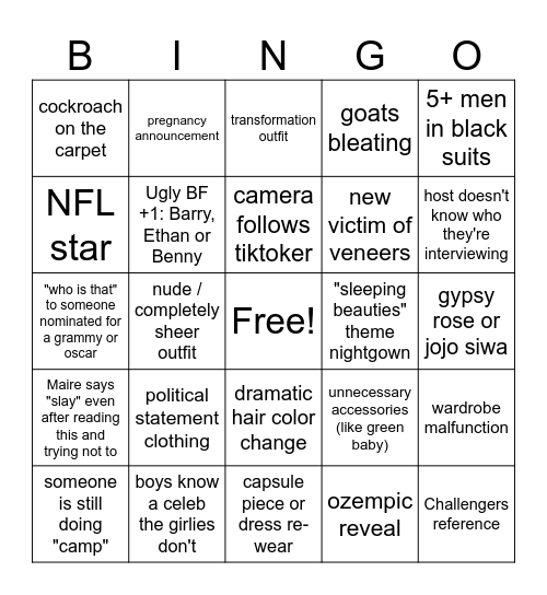 Met Gala Bingo Card