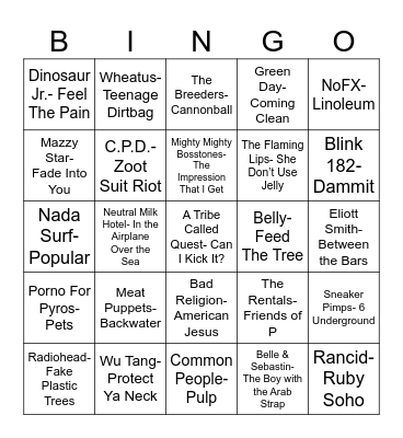 Radio Bingo 90's Cool Kids Mix Tape Bingo Card