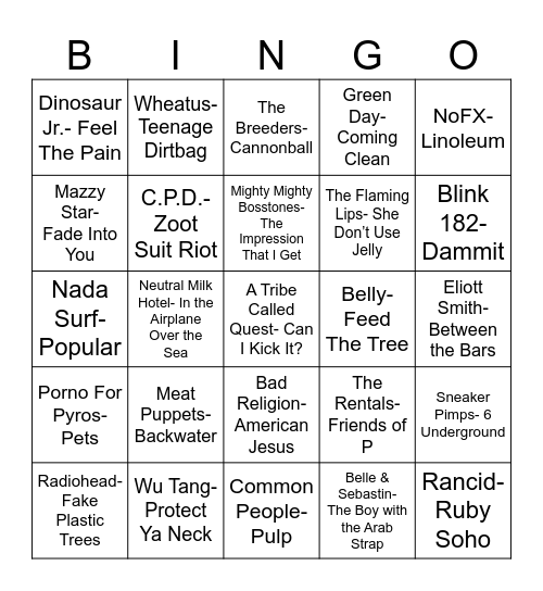 Radio Bingo 90's Cool Kids Mix Tape Bingo Card