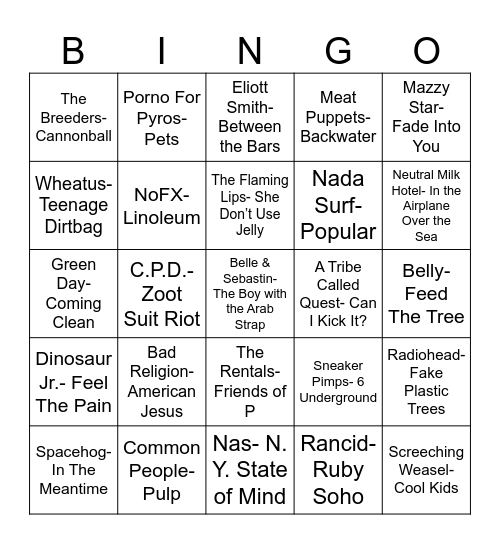 Radio Bingo 90's Cool Kids Mix Tape Bingo Card