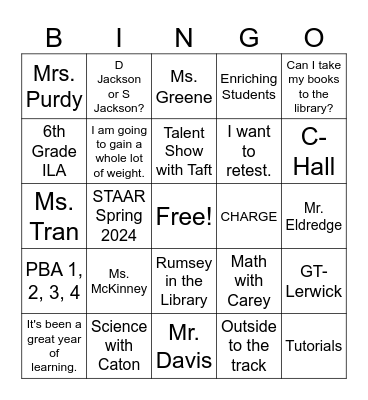 6th Grade ILA Bingo Card