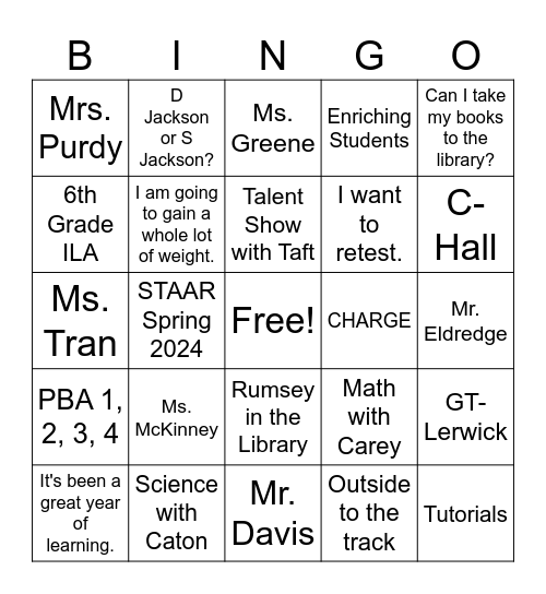 6th Grade ILA Bingo Card