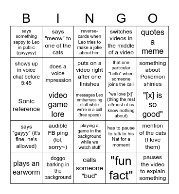 Shawn Bingo Card
