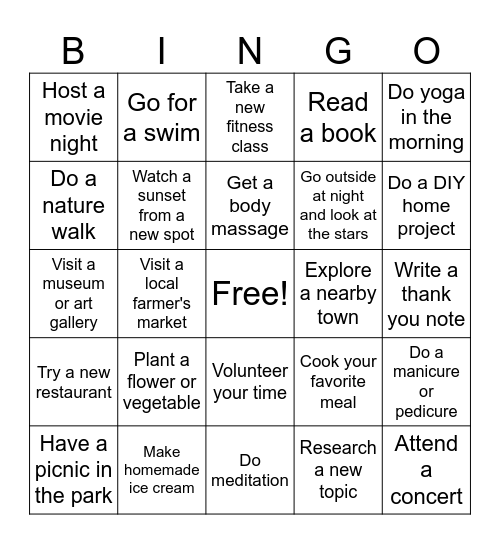 Mental Wellness Bingo Card