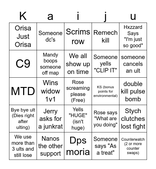 New Kaiju corp scrim bingo Card