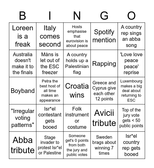 Eurovision 2024 Bingo Card