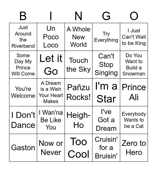 Disney Songs Bingo Card