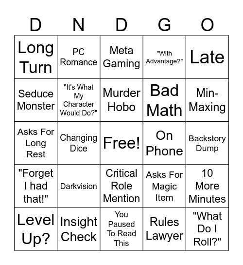 DND-GO Bingo Card