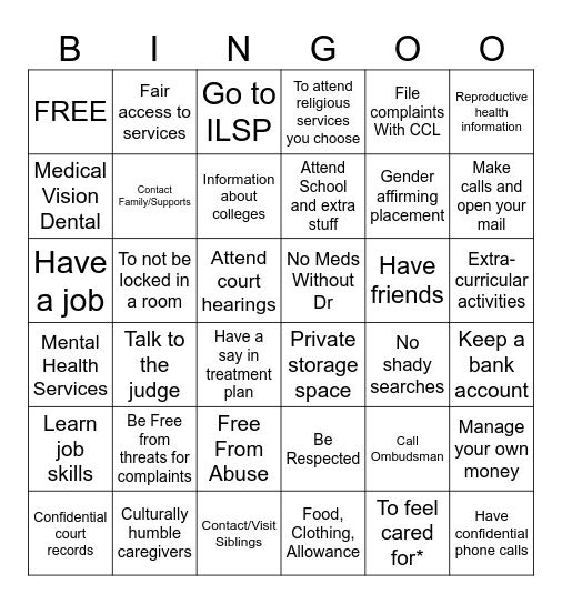 Personal Rights BINGO Card