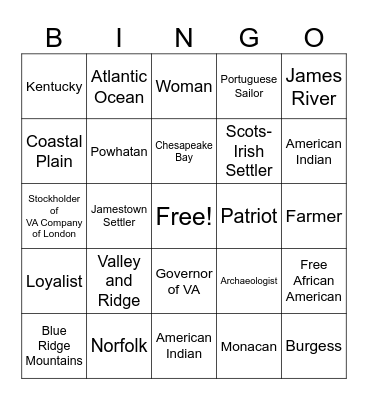 Virginia Studies Bingo Card