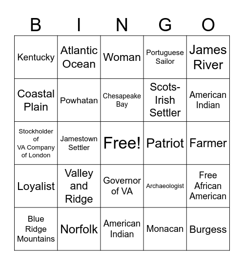 Virginia Studies Bingo Card