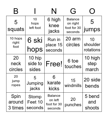 Fitness Bingo Card