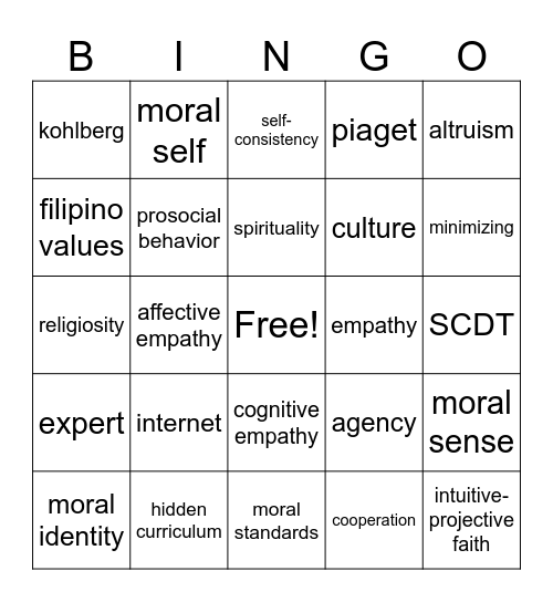 Moral Development Bingo Card