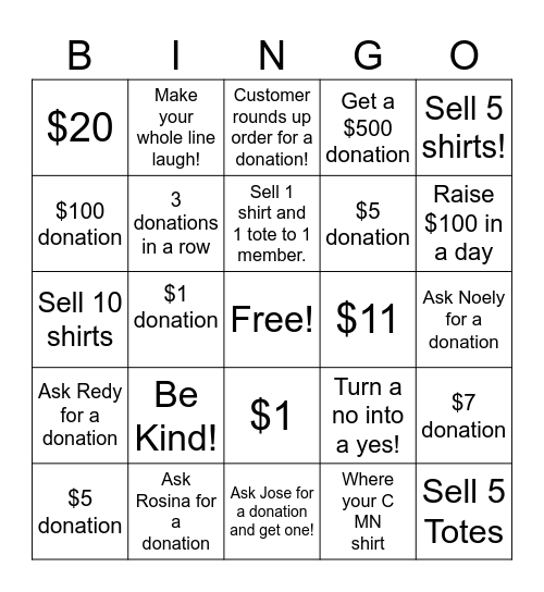 Children's Miracle Network Bingo Card