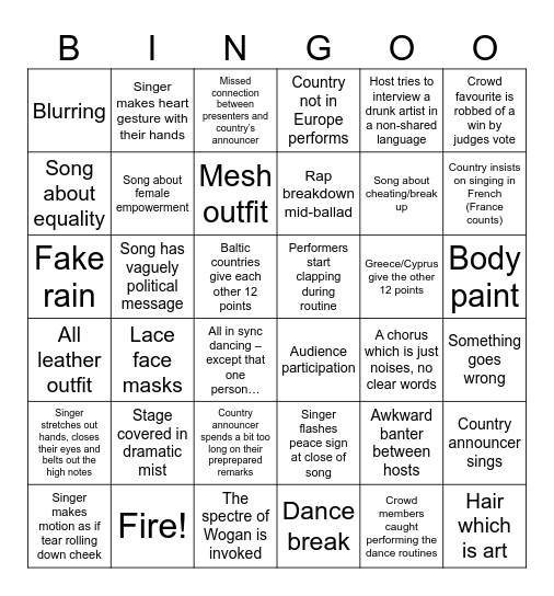 Eurovision Bingo Card