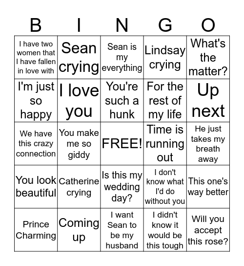 Bachelor Bingo Card