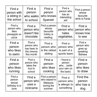 School icebreaker Bingo Card