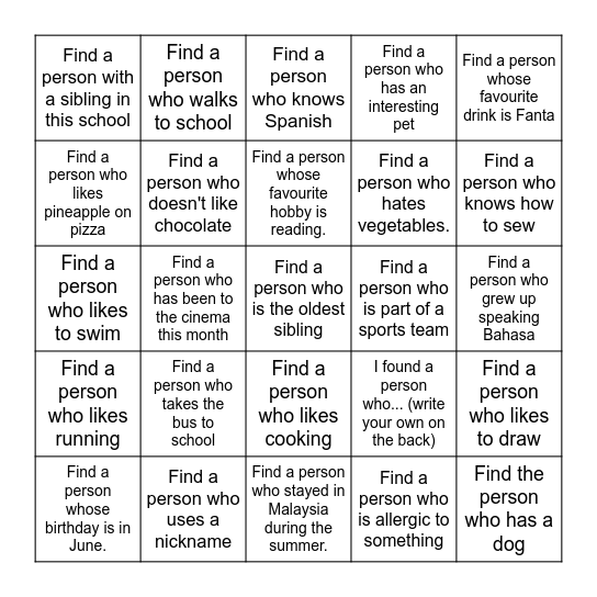 School icebreaker Bingo Card