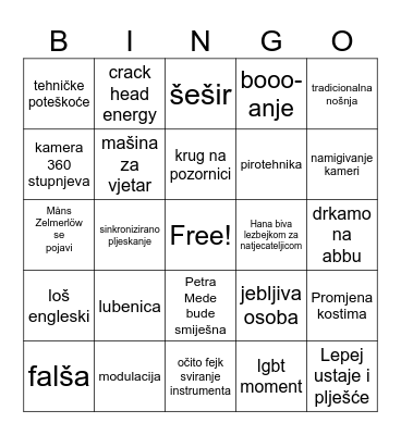 Eurovision 2024 Bingo Card