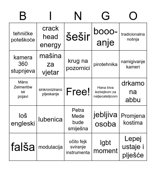 Eurovision 2024 Bingo Card