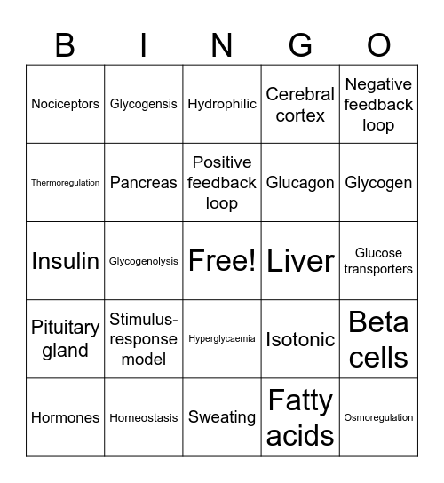 Homeostasis Bingo Card