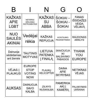 Eurovision Bingo Card