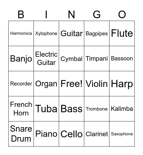 Musical Instruments Bingo Card