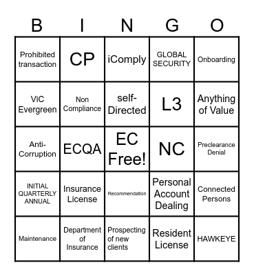 EMPLOYEE COMPLIANCE Bingo Card