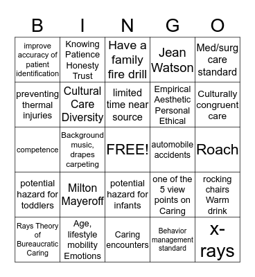 Caring/Safety Bingo Card